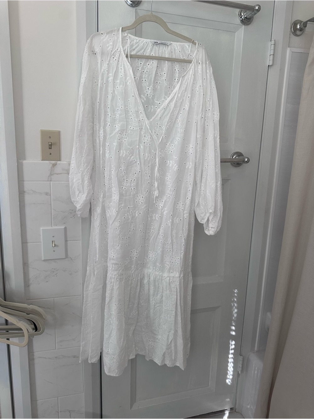 Zara White Eyelet Midi Dress with Puff Sleeves